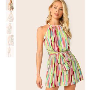 UK SHEIN Halter Neck Geo Print Belted Dress